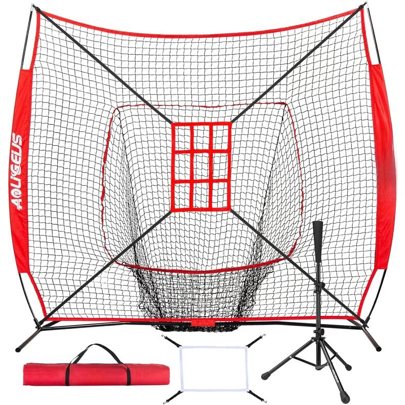 7'X7' Baseball Softball Practice Net,Pitching Net,Batting Net,with Baseball Tee,Bonus Strike Zone and Bow Frame,for Hitting,Pitching, Catching