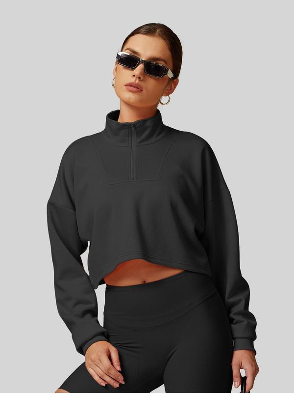 Sporty Women's Solid Color Half Zip Crop Sports Sweatshirt, Sport Drop Shoulder Stand Collar Pullover for Gym Workout Running, Athletic Clothes, Ladies Sportswear for All Seasons