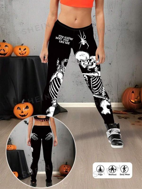 SKELETON SLOGAN PRINT PLUS SIZE SPORTS LEGGINGS FOR HALLOWEEN