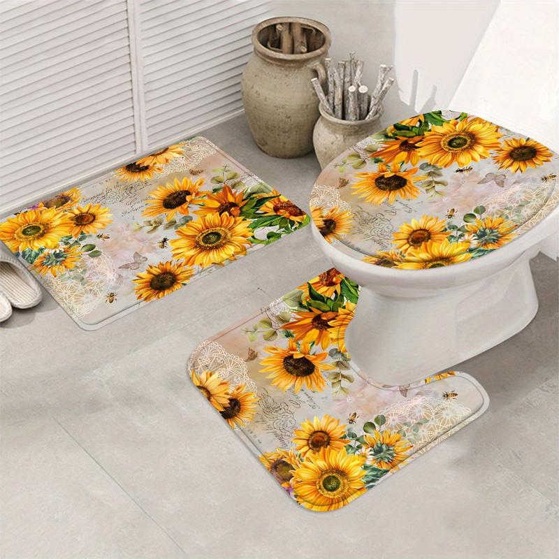 New style 4pcs Modern Sunflower Shower Curtain Set - Water-Resistant, Polyester, Unlined, Knit Woven, with 12 Hooks, 3-Piece Bathroom Decoration Set Including Toilet Floor Mat for a Vibrant and Artsy Home