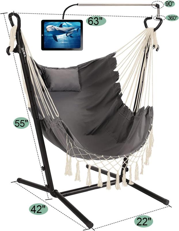 Hammock with Stand Included Heavy Duty Double Swing Chair Outdoor Indoor w. Pillow & Cellphone Tablet Holder Macrame Handmade Adjustable Portable Confortable Patio Yard Porch Chair 400lbs Capacity