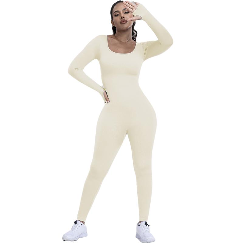 Women's Ribbed Jumpsuit Yoga Suit With Abdominal Control, Long Sleeved One-piece Casual Yoga Jumpsuit, High Waisted One-piece Fitness Bodysuit