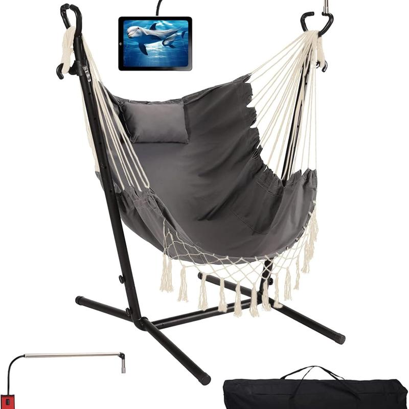 Hammock with Stand Included Heavy Duty Double Swing Chair Outdoor Indoor w. Pillow & Cellphone Tablet Holder Macrame Handmade Adjustable Portable Confortable Patio Yard Porch Chair 400lbs Capacity