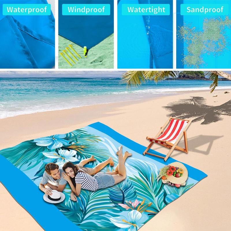 Coconut Flower Pattern Beach Mat, Quick-drying Beach Mat with 1 Storage Bag & 4 Stakes, Foldable Picnic Mat for Outdoor Camping & Hiking