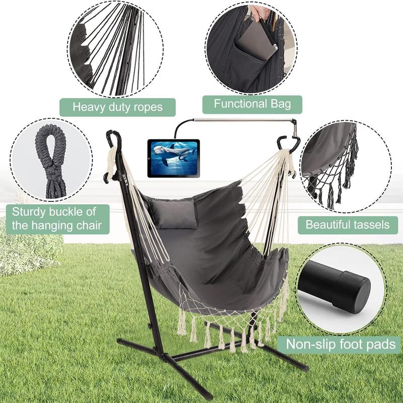 Hammock with Stand Included Heavy Duty Double Swing Chair Outdoor Indoor w. Pillow & Cellphone Tablet Holder Macrame Handmade Adjustable Portable Confortable Patio Yard Porch Chair 400lbs Capacity