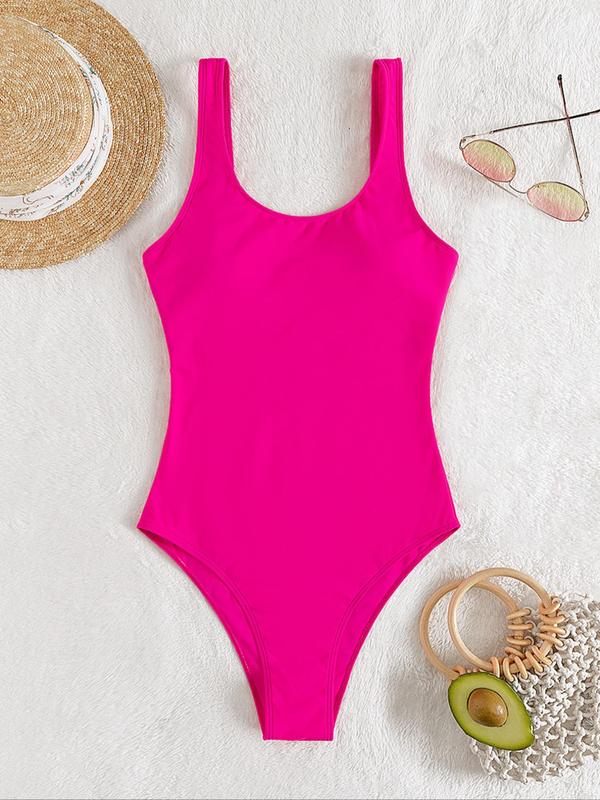 Women's Solid Criss Cross Backless One-piece Swimsuit, Casual Scoop Neck Sleeveless Swimwear, Ladies Summer Swimsuit for Beach Holiday Vacation