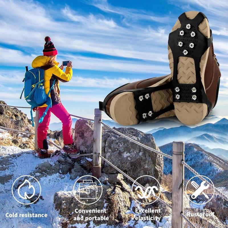 Crampons Ice Cleats for Shoes and Boots, Traction Cleats Ice Snow Grips with 10 Stainless Steel Spikes, Winter Outdoor Anti-Slip Crampon for Walking, Fishing, Climbing and Hiking