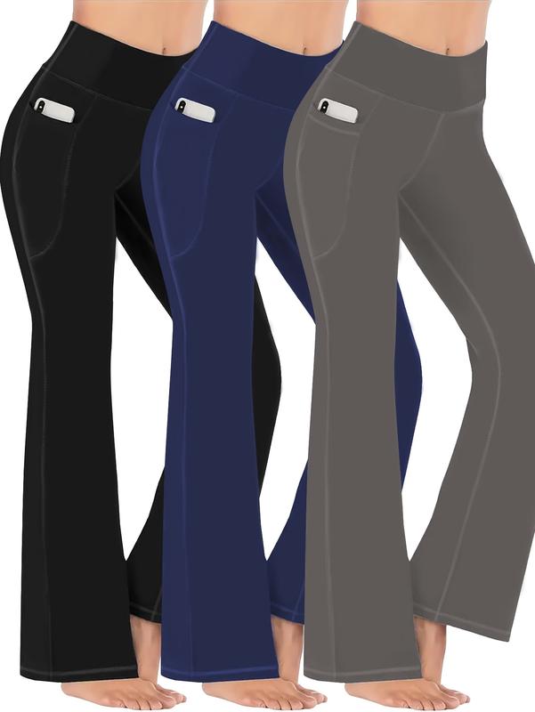 3 Pack Women's Sports Pants Set, Plus Size Seam Detail High Rise Flared Leg Yoga Trousers With Phone Pockets 3pcs Set