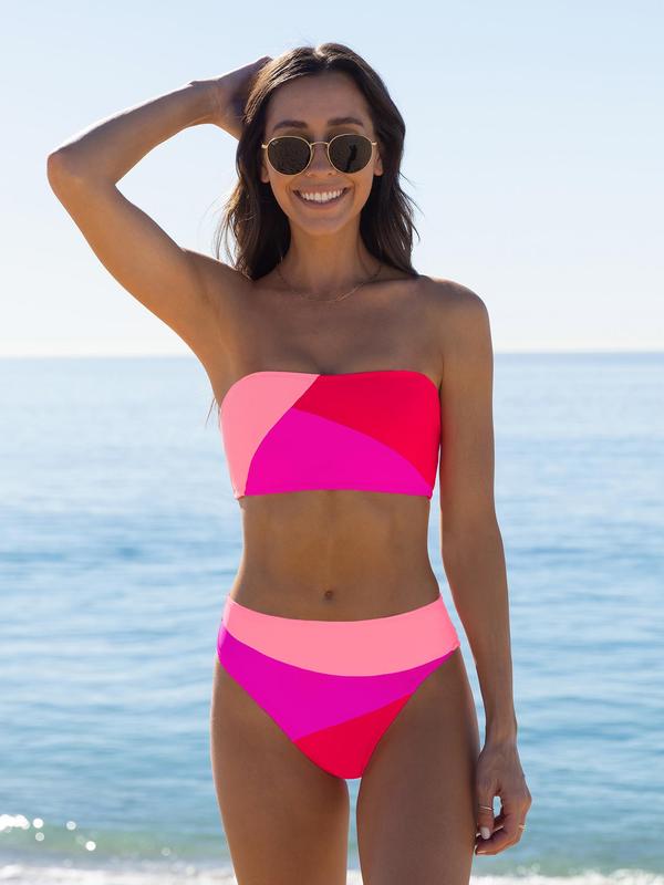 Two Pieces Women's Colorblock Bandeau Bikini Set, Lace Up Swim Top & Swim Bottom, Summer Swimsuit for Beach Holiday Vacation, Lady Bathing Suits, Women's Swimwear