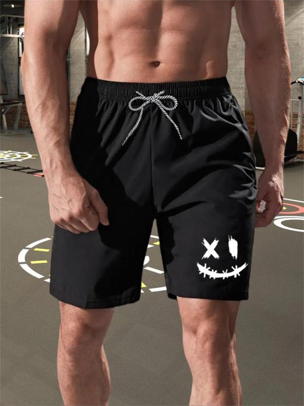 Men's Regular Fit Cartoon Face Print Drawstring Waist Sport Shorts, Casual Pocket Track Shorts for Summer, Sport & Outdoor Clothing for Gym Workout Running