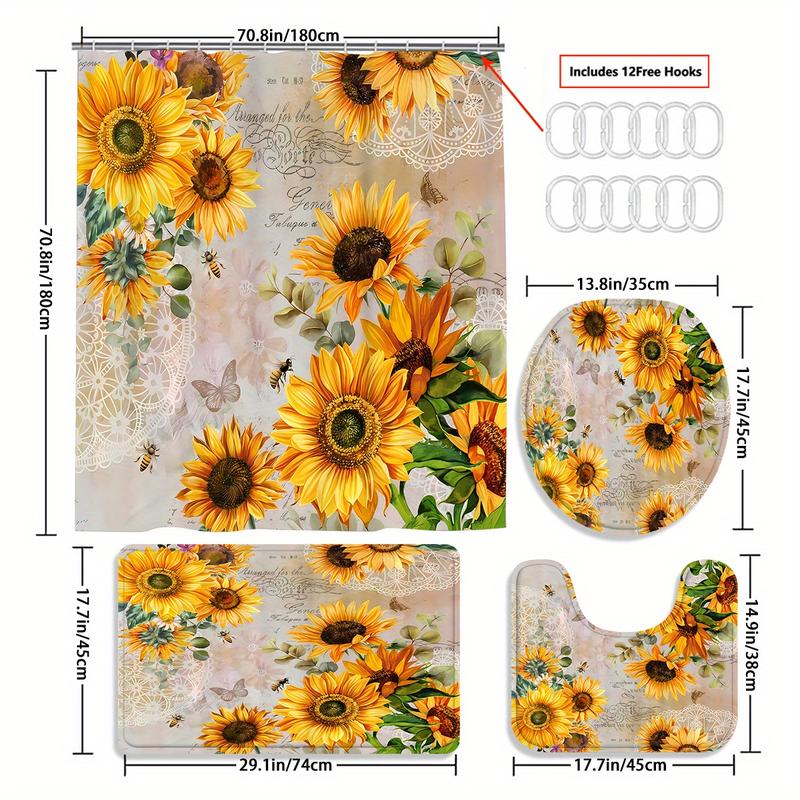 New style 4pcs Modern Sunflower Shower Curtain Set - Water-Resistant, Polyester, Unlined, Knit Woven, with 12 Hooks, 3-Piece Bathroom Decoration Set Including Toilet Floor Mat for a Vibrant and Artsy Home