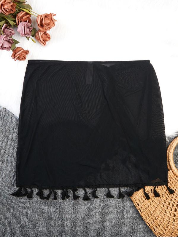 Plus Size Contrast Mesh Fringe Trim Sheer Swim Skirt, Casual Ruched Asymmetrical Hem Swim Bottom for Summer, Women's Swimwear for Beach Holiday Vacation