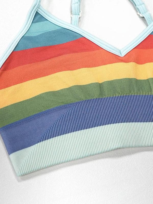 LGBTQ+ Women's Rainbow Stripe Print Wireless Sports Bra, Adjustable Strap Crop Cami Top, Breathable Comfortable Sports Bra, Summer Clothing