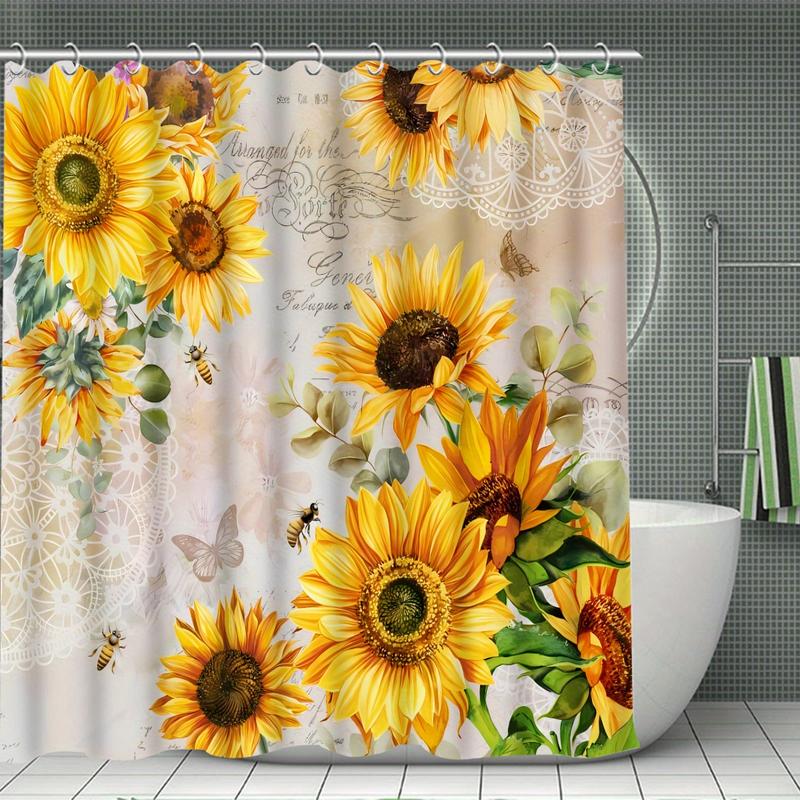 New style 4pcs Modern Sunflower Shower Curtain Set - Water-Resistant, Polyester, Unlined, Knit Woven, with 12 Hooks, 3-Piece Bathroom Decoration Set Including Toilet Floor Mat for a Vibrant and Artsy Home