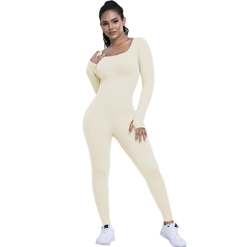 Women's Ribbed Jumpsuit Yoga Suit With Abdominal Control, Long Sleeved One-piece Casual Yoga Jumpsuit, High Waisted One-piece Fitness Bodysuit