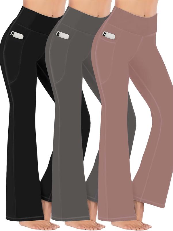 3 Pack Women's Sports Pants Set, Plus Size Seam Detail High Rise Flared Leg Yoga Trousers With Phone Pockets 3pcs Set