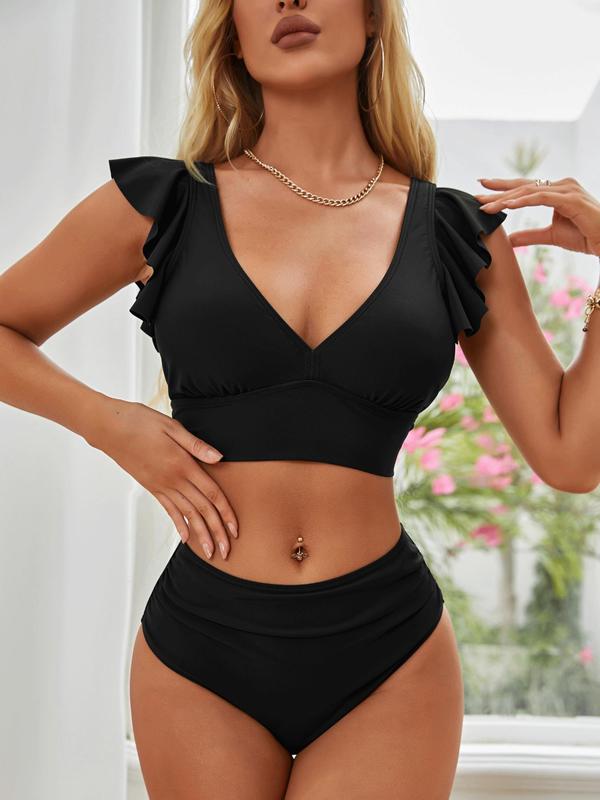 Two-Piece Set Women's Ruched Ruffle Trim Bikinis Set, Casual Butterfly Sleeve Swim Top & Solid Swim Bottom, Ladies Swimwear for Summer Beach Holiday Vacation