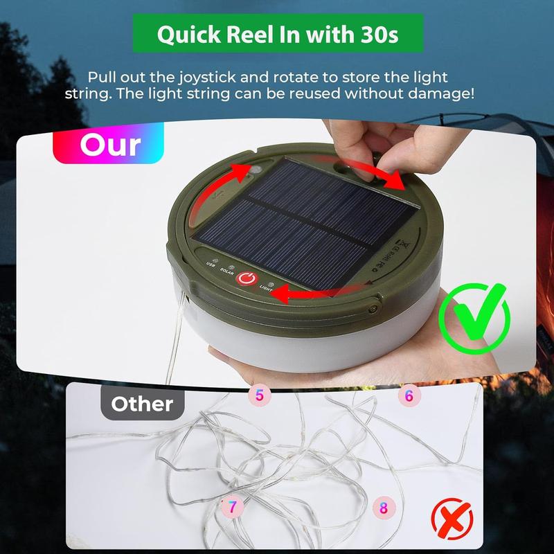 NEW Solar Camping String Light, 32.8ft Multi-color LEDs Fairy String Light for Camping, 8 Lighting Modes, 3600mAh Solar Powered and USB Rechargeable Portable Camping Light for Yard Hiking Tent Decor, Christmas Gift