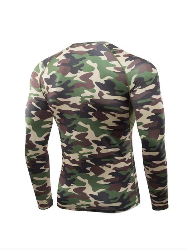 Men's All Over Camo Print Round Neck Sports Tee, Quick Drying Breathable Long Sleeve T-shirt for Outdoor Gym Running,  Workout Tops, Men's Sportswear for Spring & Fall