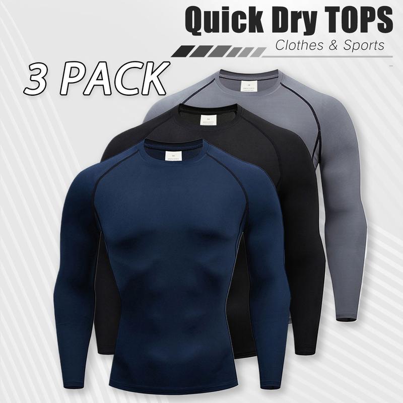 OKP 3 Pack UPF High-Stretch Men's Sports Long-Sleeved T-shirt, Moisture-Wicking And Quick-Drying, Lightweight And Breathable, Suitable For Running, Fitness And Outdoor, Cycling Clothing, Solid Round Neck Tops And Thin Jerseys, Spring, Autumn, Winter