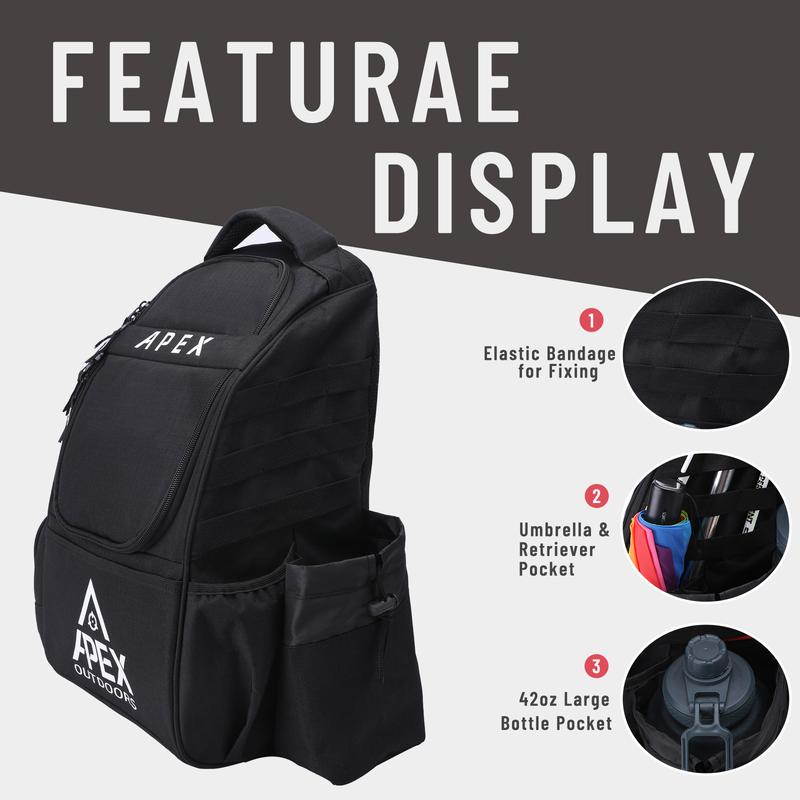 Apex Outdoors Disc Golf Bag, Disc Golf Backpack with 20+ Disc Capacity, Durable & Lightweight Frisbee Golf Bags with Multiple Storage Pockets (Black)