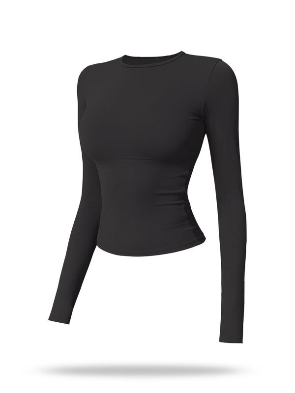 Women's Solid Long Sleeve Sports Tee, Sporty Round Neck T-shirt for Yoga Gym Workout Running, Ladies Sportswear for Spring & Fall