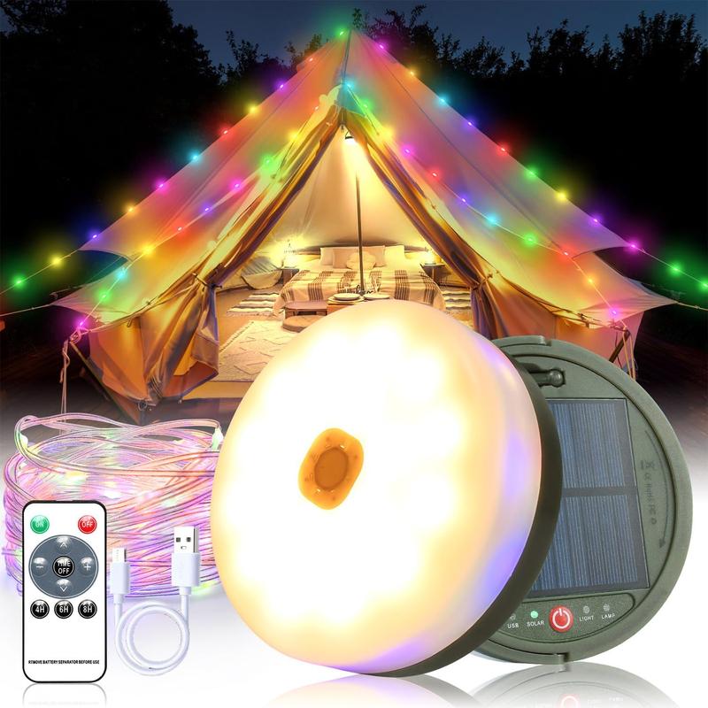 NEW Solar Camping String Light, 32.8ft Multi-color LEDs Fairy String Light for Camping, 8 Lighting Modes, 3600mAh Solar Powered and USB Rechargeable Portable Camping Light for Yard Hiking Tent Decor, Christmas Gift