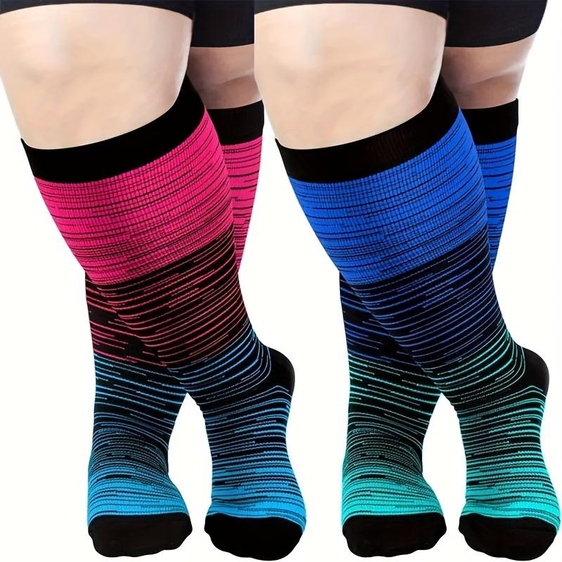 3 Pairs Men Women plus Size Compression Socks Striped Sports Socks Long Tube Knee-Length Gradient Color Pressure Circulation 15-20mm Mercury Column Widened Pantyhose