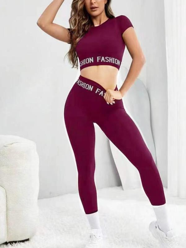 Two-Piece Set Women's Letter Print Crop Tee & High Waist Ruched Sports Leggings, Jogging Suit Set, Sporty Round Neck Short Sleeve T-Shirt & Skinny Pants for Gym Workout Running, Ladies Sportswear for All Seasons