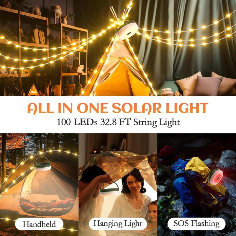 NEW Solar Camping String Light, 32.8ft Multi-color LEDs Fairy String Light for Camping, 8 Lighting Modes, 3600mAh Solar Powered and USB Rechargeable Portable Camping Light for Yard Hiking Tent Decor, Christmas Gift