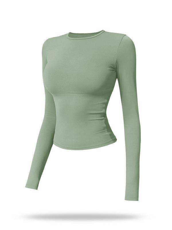 Women's Solid Long Sleeve Sports Tee, Sporty Round Neck T-shirt for Yoga Gym Workout Running, Ladies Sportswear for Spring & Fall