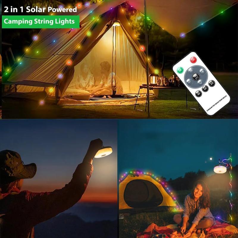 NEW Solar Camping String Light, 32.8ft Multi-color LEDs Fairy String Light for Camping, 8 Lighting Modes, 3600mAh Solar Powered and USB Rechargeable Portable Camping Light for Yard Hiking Tent Decor, Christmas Gift