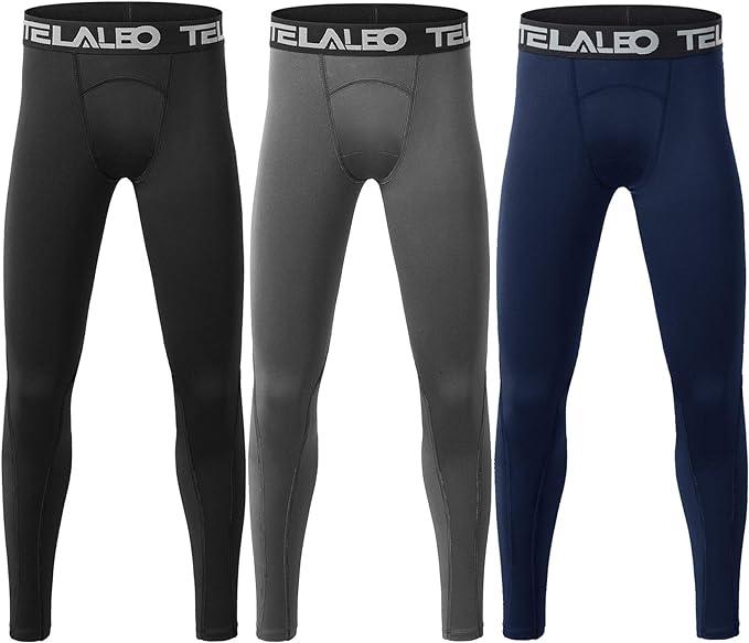 TELALEO 3 Pack Boys' Youth Compression Leggings Pants Tights Athletic Base Layer for Running Hockey Basketball