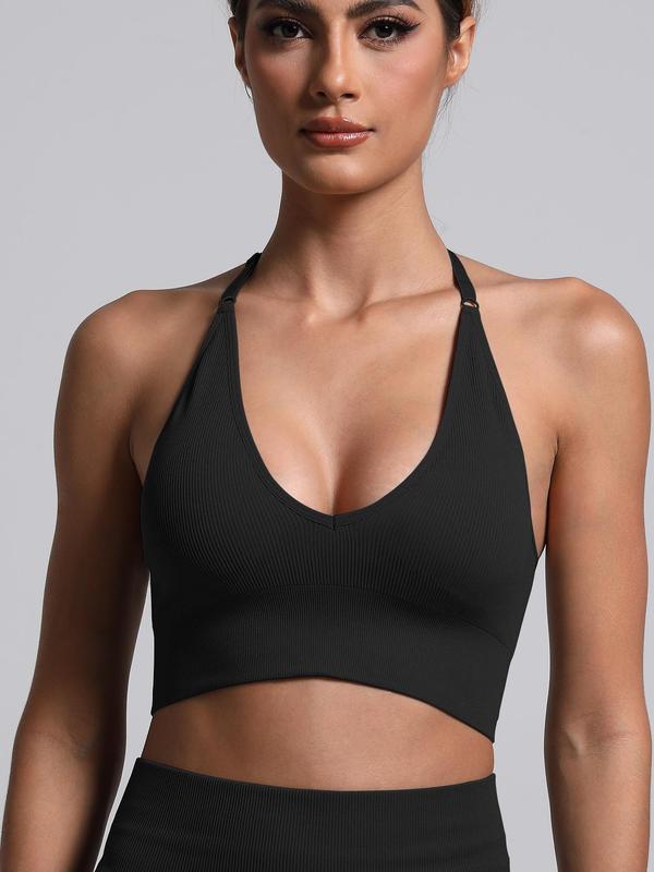 Women's Solid Halter Neck Sports Bra, Breathable Comfortable Detachable Chest Pad Wireless Sports Bra, Ladies Sportswear for Indoor Outdoor Wear