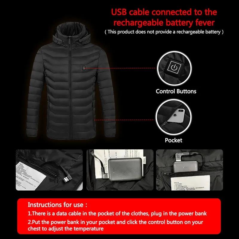 USB Heated Jacket with Detachable Hood for Outdoor Sports and Cold Weather Conditions outdoor job