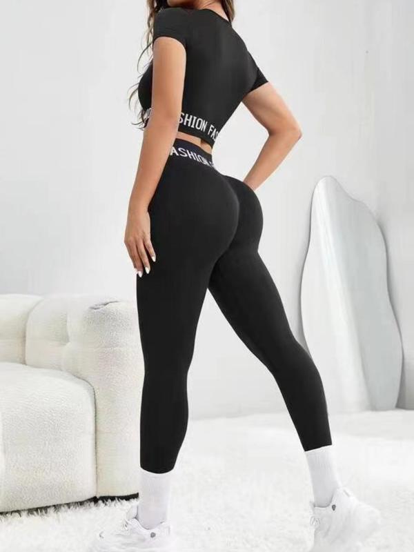 Two-Piece Set Women's Letter Print Crop Tee & High Waist Ruched Sports Leggings, Jogging Suit Set, Sporty Round Neck Short Sleeve T-Shirt & Skinny Pants for Gym Workout Running, Ladies Sportswear for All Seasons