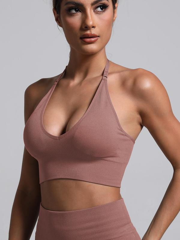 Women's Solid Halter Neck Sports Bra, Breathable Comfortable Detachable Chest Pad Wireless Sports Bra, Ladies Sportswear for Indoor Outdoor Wear