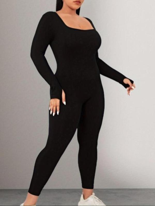 Plus Size Solid Square Neck Sports Jumpsuit, Casual Sporty Long Sleeve Jumpsuit for Yoga Gym Workout, Women's Plus Sport & Outdoor Clothing for All Seasons