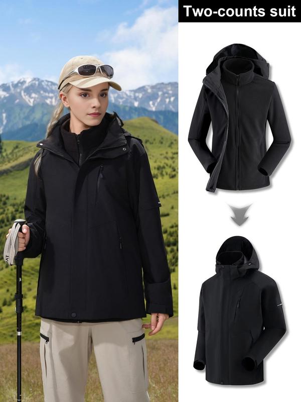 Women's Solid 3 in 1 Pocket Zip Up Hooded Skiing Jacket, Sporty Long Sleeve Windproof Waterproof Outerwear for Fall & Winter, Women's Sportswear for Outdoor Skiing