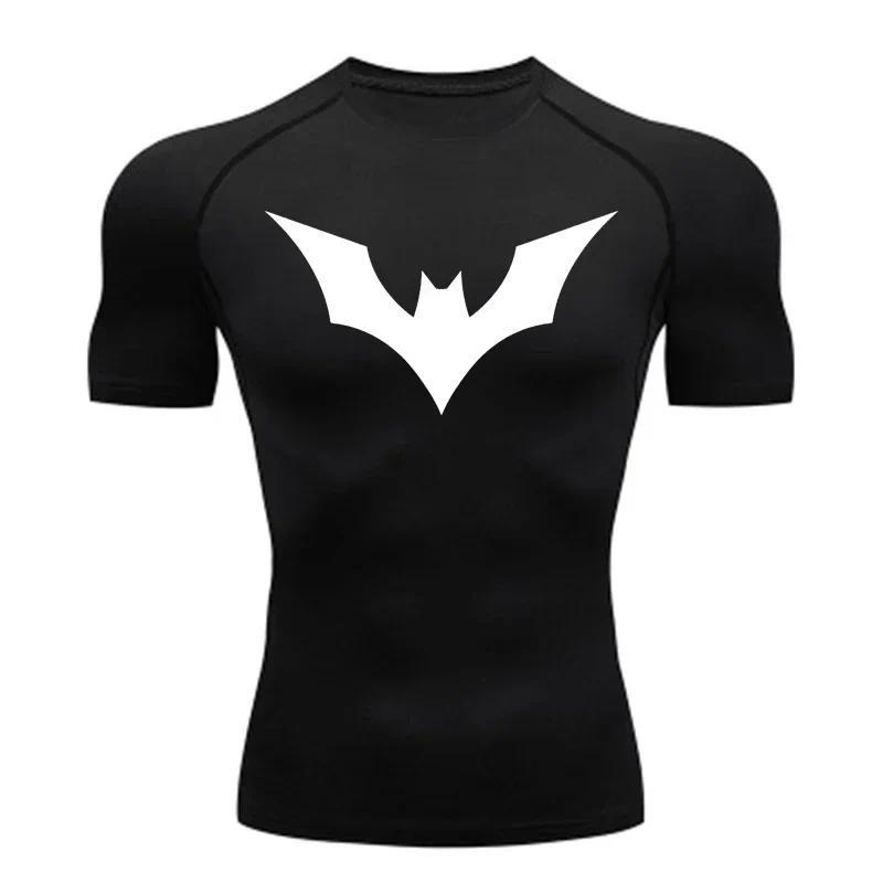 Bat Print Compression Shirts for Men Summer Short Sleeve Rash Guard Gym Workout Running Tshirt Athletic Quick Dry Tees Tops