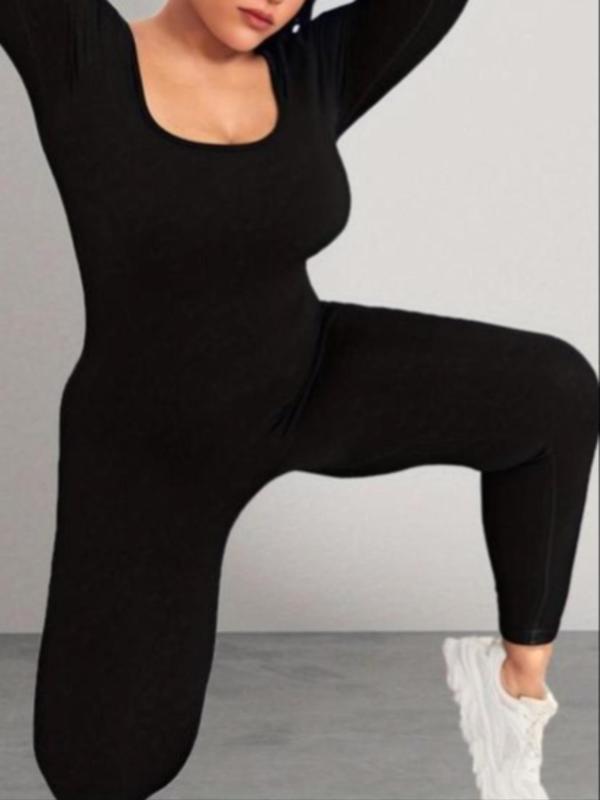 Plus Size Solid Square Neck Sports Jumpsuit, Casual Sporty Long Sleeve Jumpsuit for Yoga Gym Workout, Women's Plus Sport & Outdoor Clothing for All Seasons