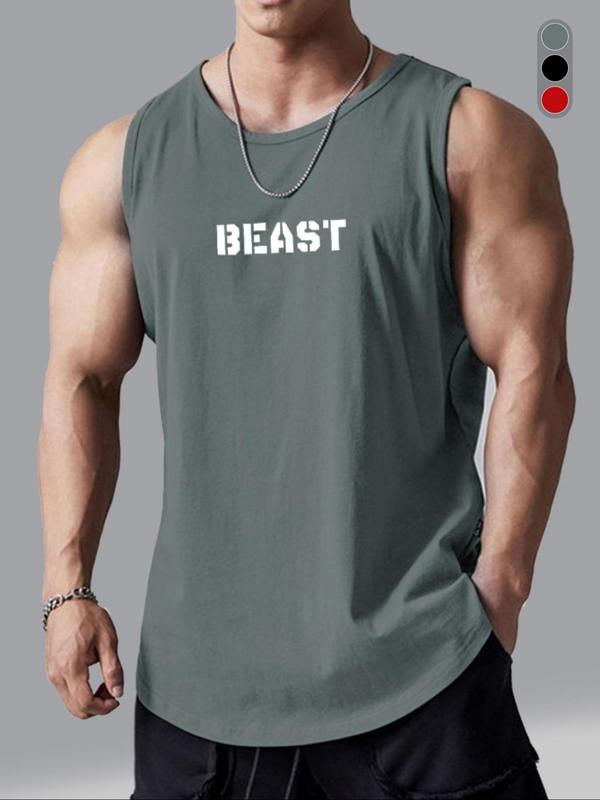 Men's Summer Vest Clothes, Letter & Number Print Round Neck Tank Top, Summer Outfits 2024, Regular Fit Sporty Sleeveless Top for Gym Workout Running, Men's Top, Tank Tops for Men, Mens Clothing