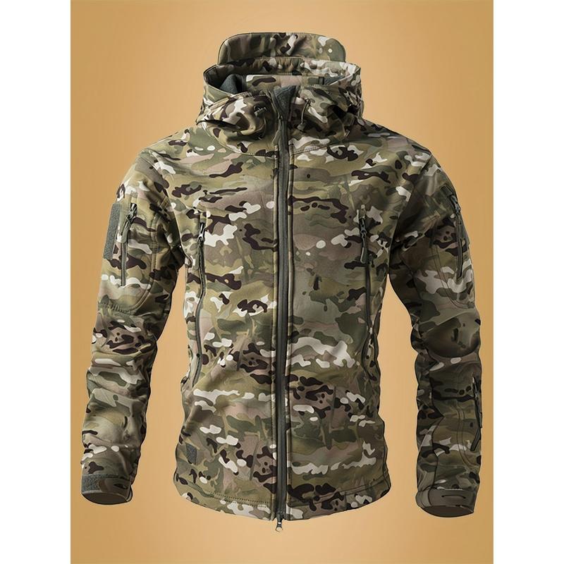 Men's Camouflage Printed Soft Shell Jacket, Multi-Pocket Hooded Jacket, Waterproof and Windproof Outdoor Jacket, Suitable for Hiking and Camping