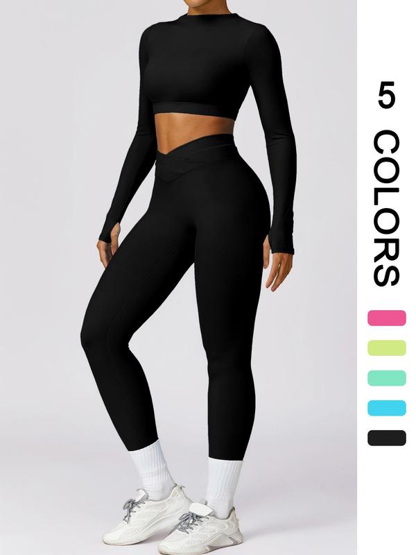 Two-Piece Set Sporty Women's Plain Cut Out Back Mock Neck Crop Tee & Overlap Waist Leggings Tracksuit Set, Sports Breathable Comfy Outfits for Yoga Gym Workout Running, Ladies Sportswear for All Seasons