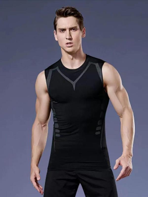 Men's Geometric Print Sports Vest, Breathable Quick Drying Compression Tank Top, Round Neck Sleeveless Top for Basketball Cycling Running