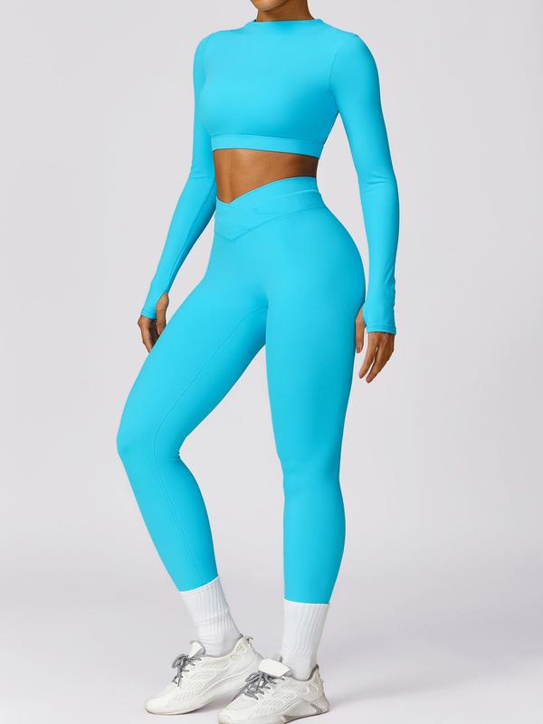 Two-Piece Set Sporty Women's Plain Cut Out Back Mock Neck Crop Tee & Overlap Waist Leggings Tracksuit Set, Sports Breathable Comfy Outfits for Yoga Gym Workout Running, Ladies Sportswear for All Seasons