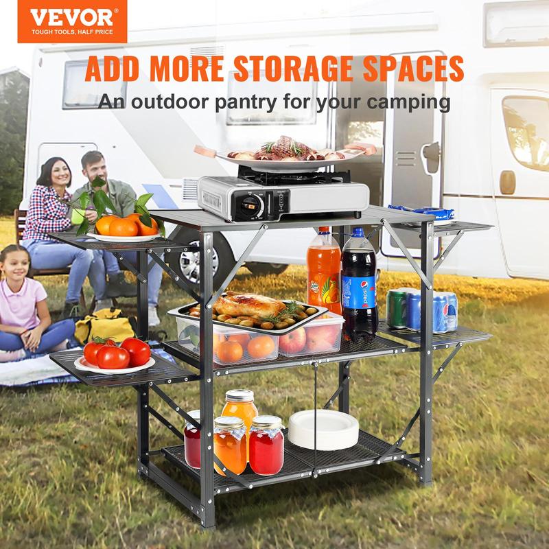 VEVOR Camping Kitchen Table, One-piece Folding Portable Cook Station with A Carrying Bag, Aluminum Camping Table 4 Iron Side Tables & 2 Shelves, Ideal for Outdoor Picnics, BBQs, Camping, RV Traveling