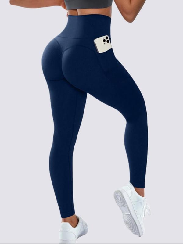 Women's Solid High Waist Pocket Sports Leggings, Sporty Comfy Breathable Skinny Tummy Control Pants for Yoga Gym Workout Running, Ladies Sportswear for All Seasons