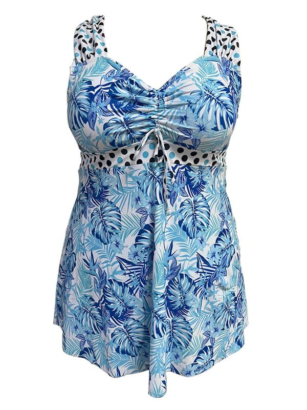 Plus Size Two-Piece Set Comfort Leaf Print Criss Cross Drawstring Top & Solid Short Summer Tankini Set, Summer Outfits, Modest Fashion Swimsuit for Summer Beach Vacation 2024, Ladies' Bathing Suits, Curve Tankini Swimsuits Sets