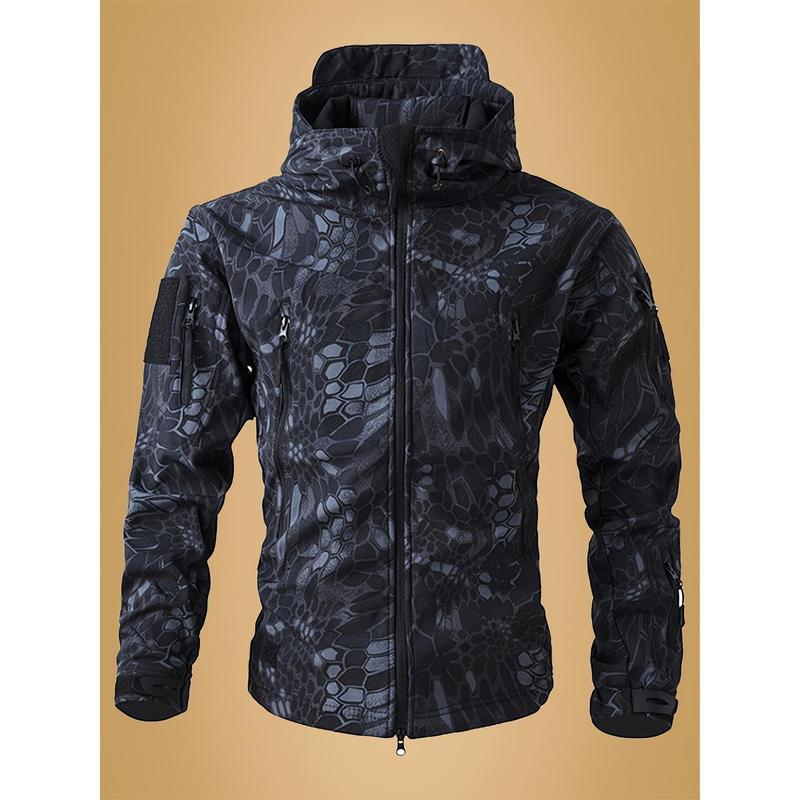 Men's Camouflage Printed Soft Shell Jacket, Multi-Pocket Hooded Jacket, Waterproof and Windproof Outdoor Jacket, Suitable for Hiking and Camping